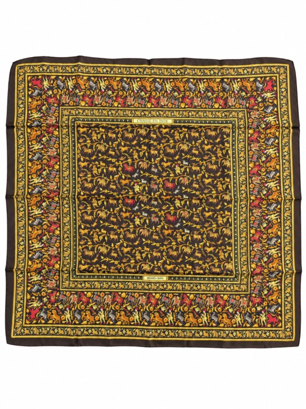 Vintage Hermès Chasse en Inde Carré 90 Silk Scarf Michel Duchêne Brown Gold